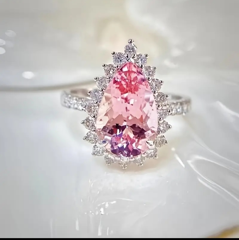NEW Sterling Silver 2 Carat Pink diamond pear shaped ring engagement sz 7